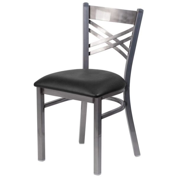 cross back steel dining chair, clear coat finish with black vinyl cushion seat