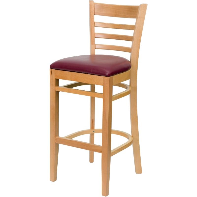 Elegant Wood Barstool | Natural Frame | Burgundy Vinyl Cushion | Commercial-Grade Construction